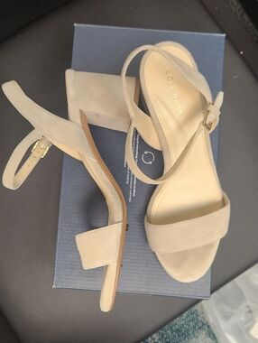 Cole Haan Light Taupe Suede Block Heel Sandals
